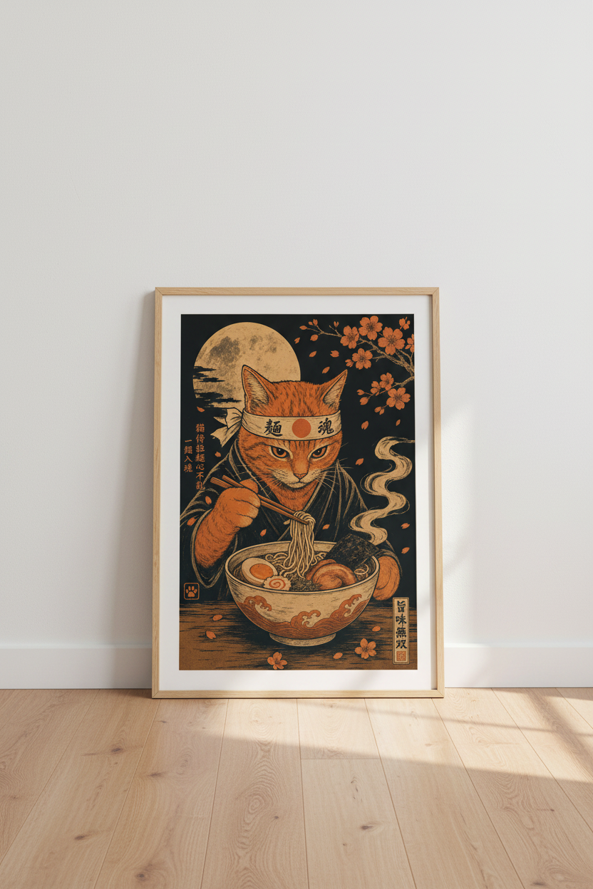 Japanese Samurai Cat Ramen Wall Art | Kitchen Decor | Ukiyo-e Style Poster
