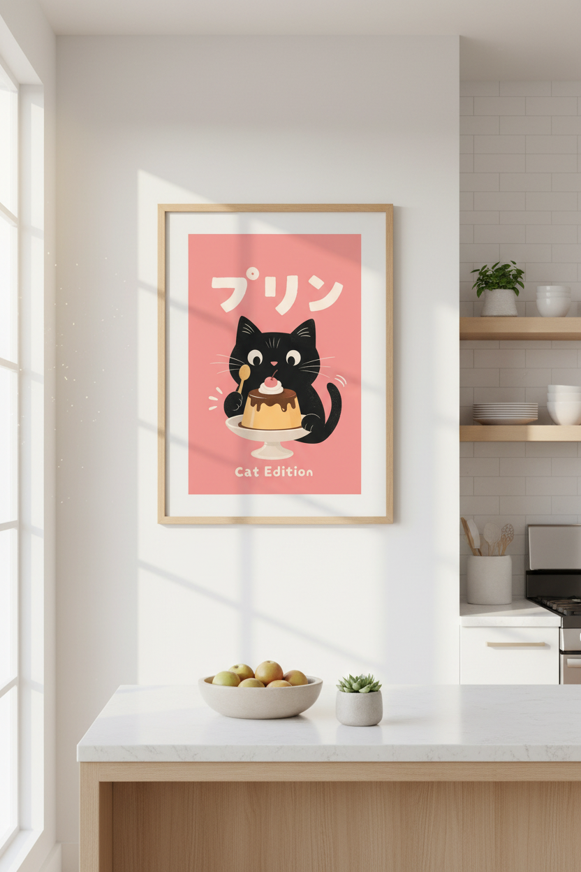Japanese Cat Art Print | Kawaii Pink Poster, Kitchen &amp; Nursery Wall Decor