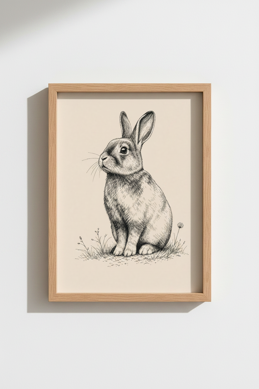 Vintage Bunny Rabbit Sketch | Black &amp; White Ink Drawing, Nursery Wall Art