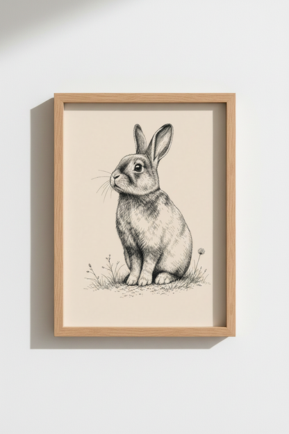 Vintage Bunny Rabbit Sketch | Black &amp; White Ink Drawing, Nursery Wall Art