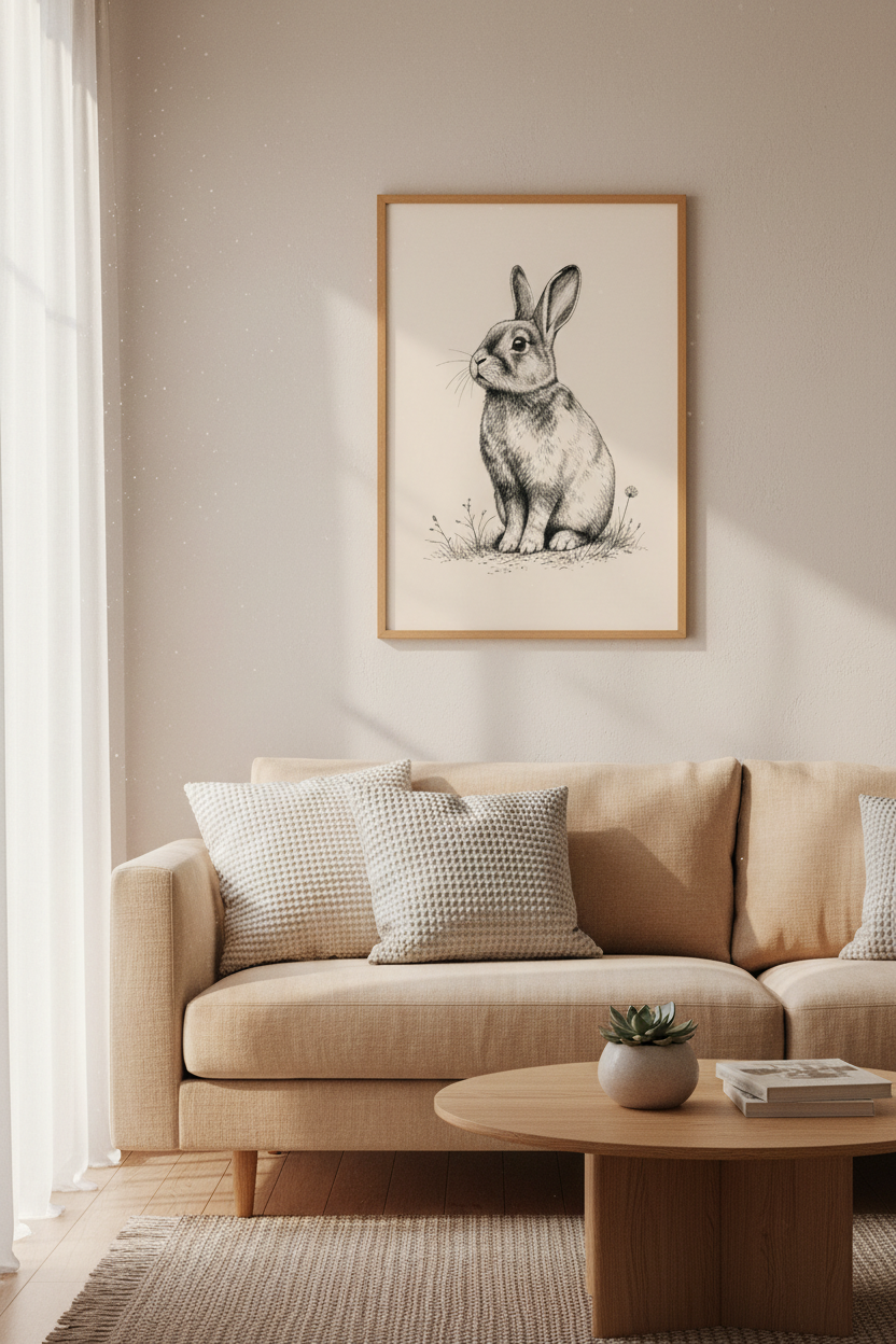 Vintage Bunny Rabbit Sketch | Black &amp; White Ink Drawing, Nursery Wall Art