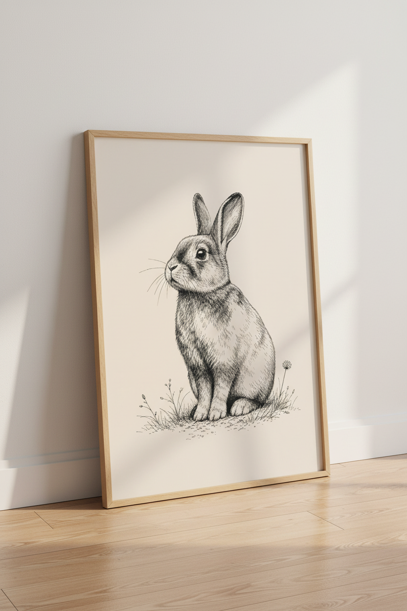 Vintage Bunny Rabbit Sketch | Black &amp; White Ink Drawing, Nursery Wall Art