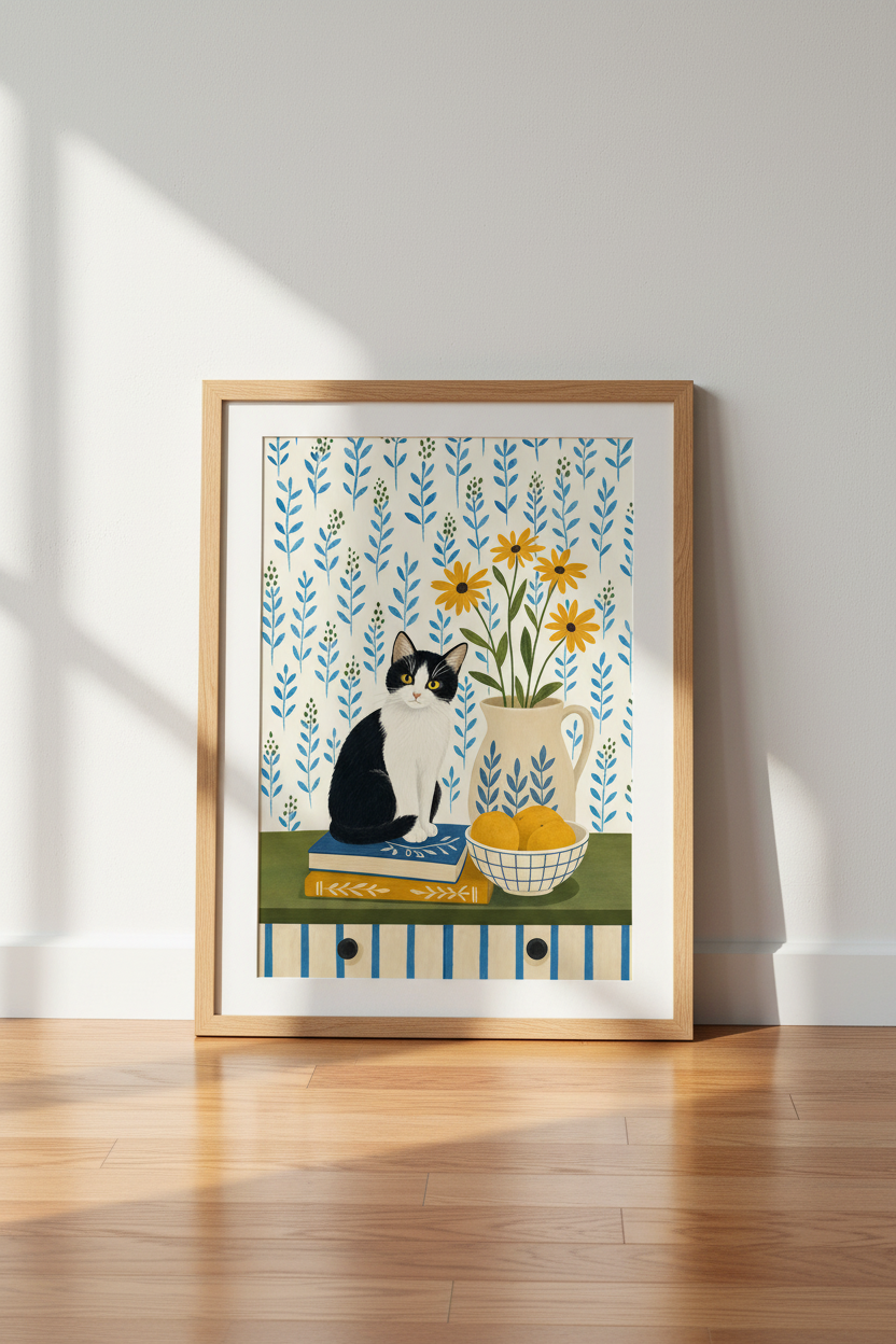 Tuxedo Cat &amp; Flowers Folk Art | Blue Botanical Still Life, Cottagecore Decor