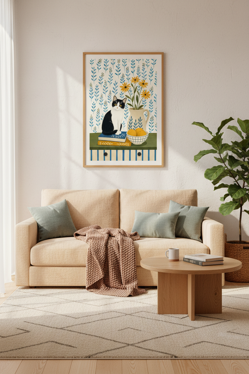 Tuxedo Cat &amp; Flowers Folk Art | Blue Botanical Still Life, Cottagecore Decor