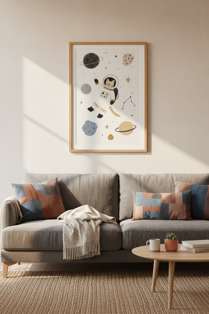 Cat Astronaut Wall Art | Space Nursery Decor | Whimsical Sketch Poster