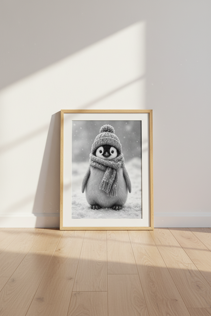 Baby Penguin Wall Art | Cute Winter Animal Poster | Black and White Nursery Decor