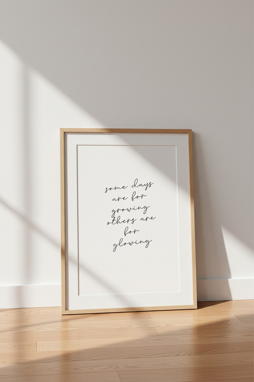 Growing and Glowing Quote Wall Art | Minimalist Script, Bedroom Decor | Modern Poster