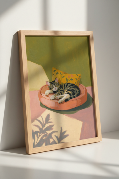 Sleeping Tabby Cat Art Print | Cozy Oil Painting Decor | Sage Green &amp; Pink Poster