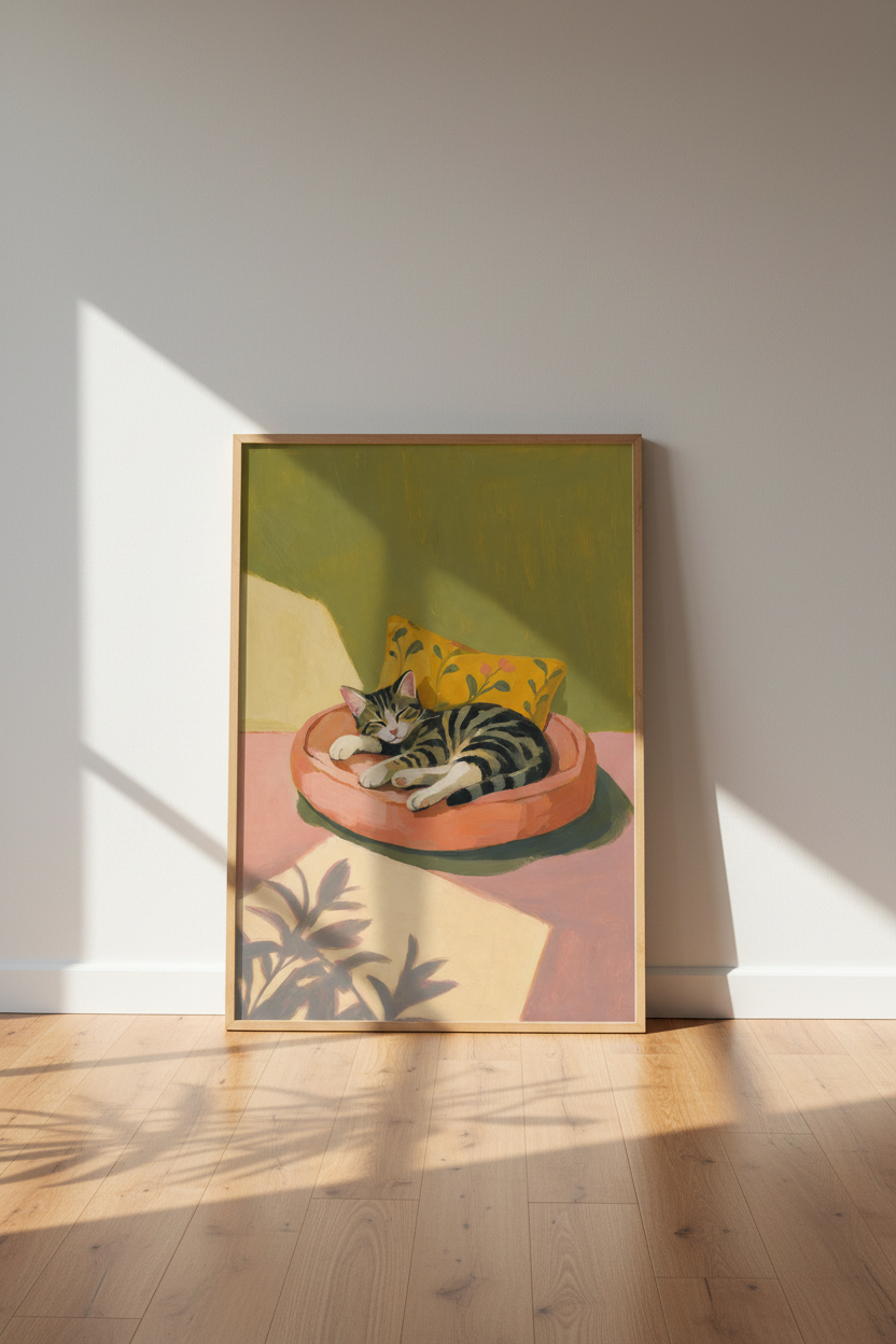 Sleeping Tabby Cat Art Print | Cozy Oil Painting Decor | Sage Green &amp; Pink Poster