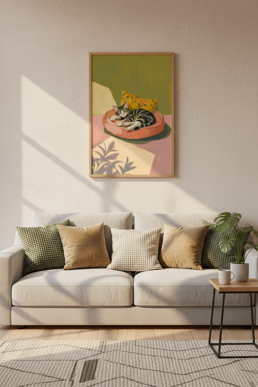 Sleeping Tabby Cat Art Print | Cozy Oil Painting Decor | Sage Green &amp; Pink Poster