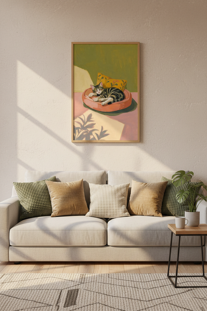 Sleeping Tabby Cat Art Print | Cozy Oil Painting Decor | Sage Green &amp; Pink Poster