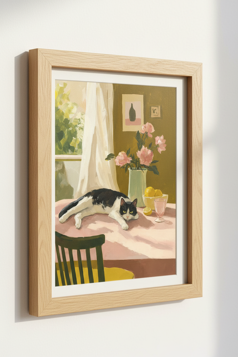 Tuxedo Cat Still Life Painting | Pink &amp; Olive Kitchen Decor | Whimsical Art Poster