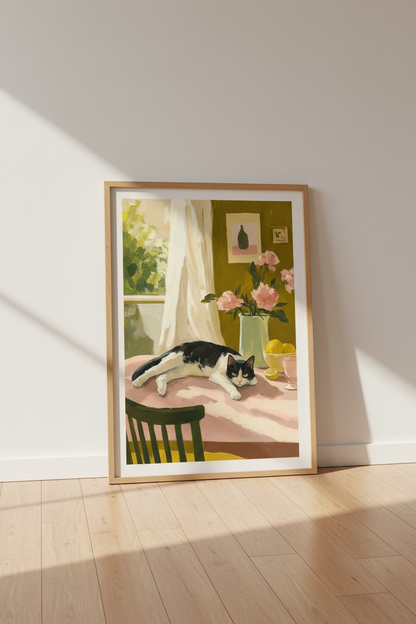 Tuxedo Cat Still Life Painting | Pink &amp; Olive Kitchen Decor | Whimsical Art Poster