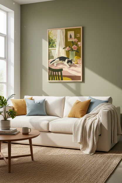 Tuxedo Cat Still Life Painting | Pink &amp; Olive Kitchen Decor | Whimsical Art Poster