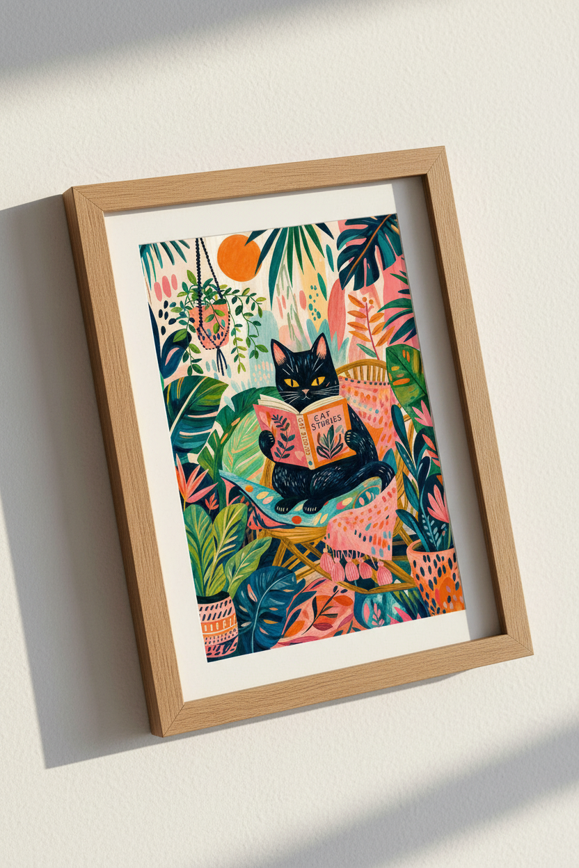 Black Cat Reading Wall Art Print | Botanical Boho Decor | Colorful Cat Poster