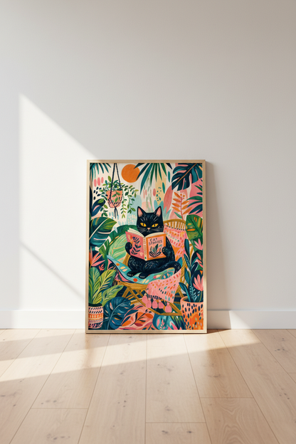 Black Cat Reading Wall Art Print | Botanical Boho Decor | Colorful Cat Poster