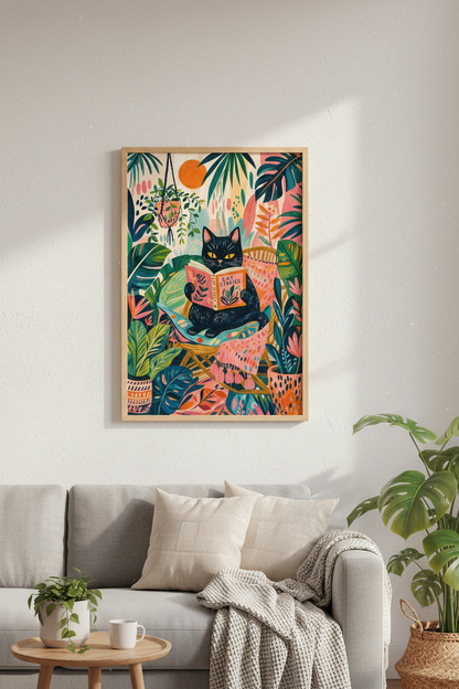 Black Cat Reading Wall Art Print | Botanical Boho Decor | Colorful Cat Poster