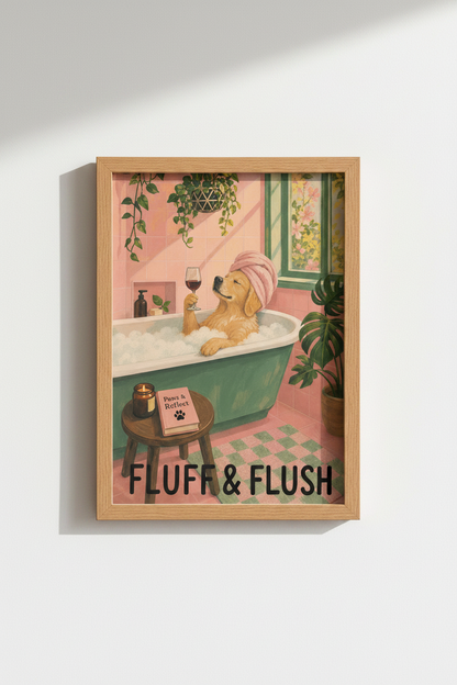 Dog in Bathtub Art | Funny Golden Retriever Poster, Bathroom Decor Aesthetic