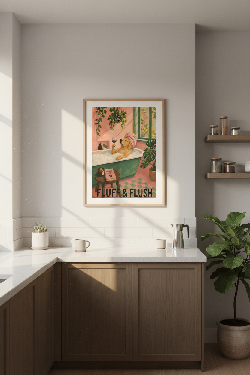 Dog in Bathtub Art | Funny Golden Retriever Poster, Bathroom Decor Aesthetic