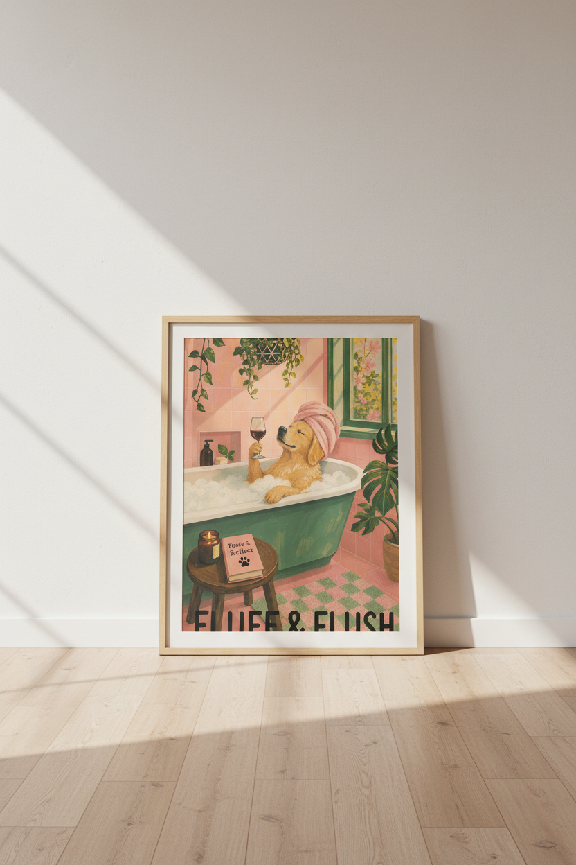 Dog in Bathtub Art | Funny Golden Retriever Poster, Bathroom Decor Aesthetic