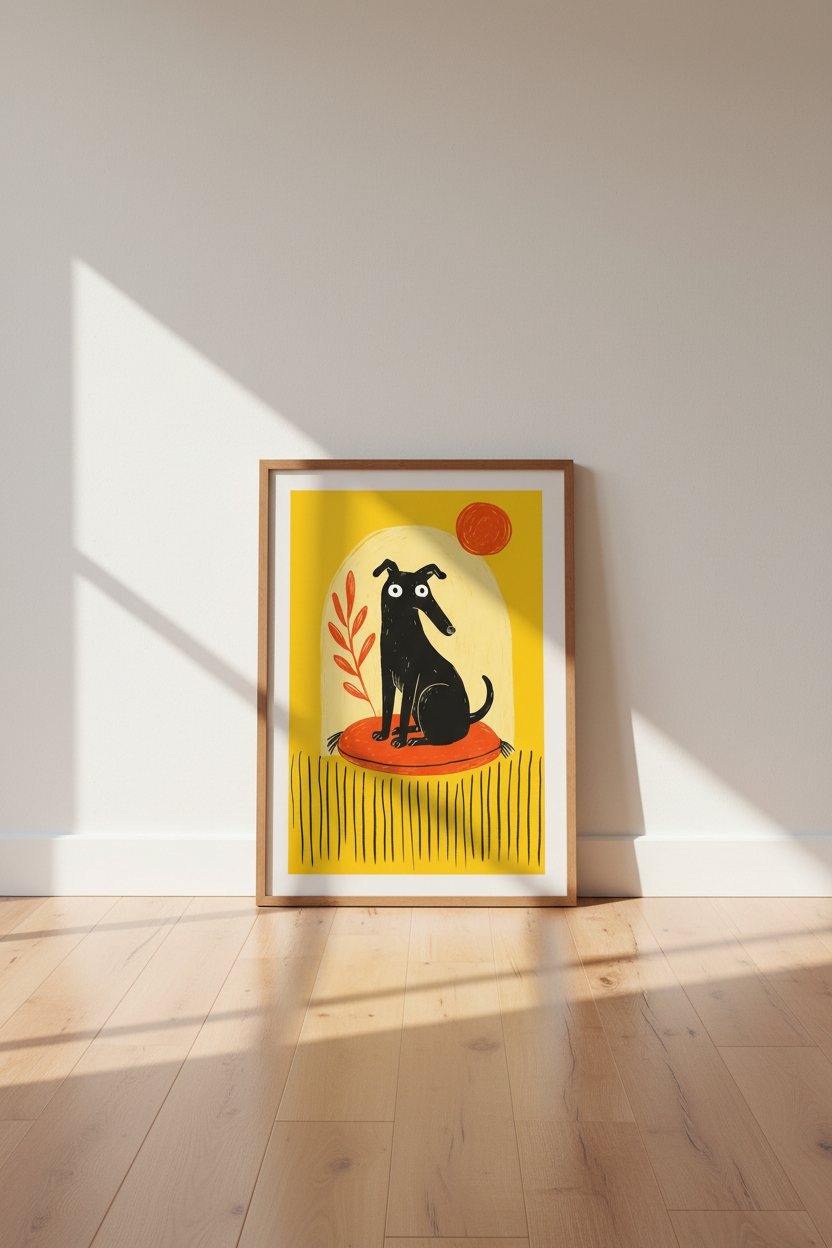 Black Greyhound Wall Art Print | Mid-Century Modern Yellow Poster | Fun Sighthound Decor