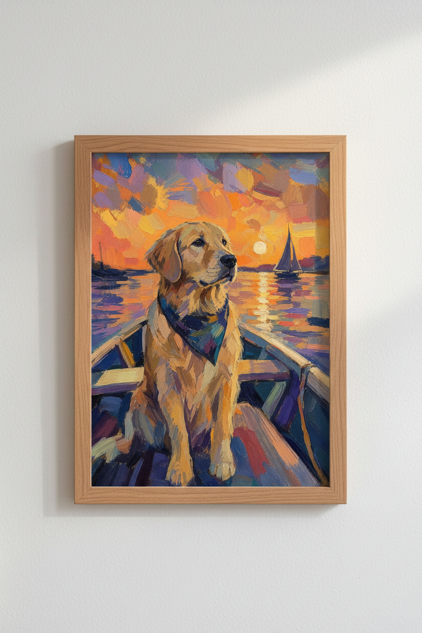 Golden Retriever Dog Art | Sunset Boat Impressionist Print | Coastal Lake Decor