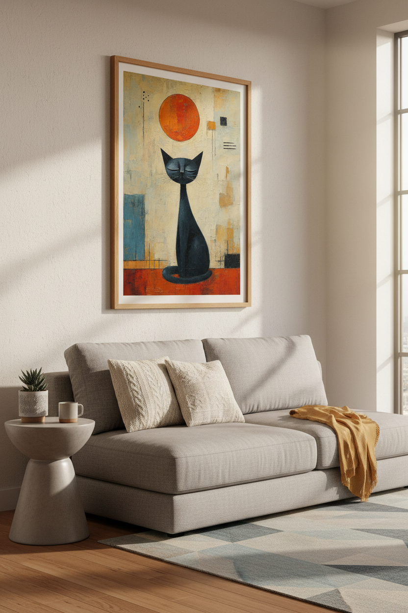 Abstract Black Cat Wall Art | Mid Century Modern Decor | Minimalist Poster