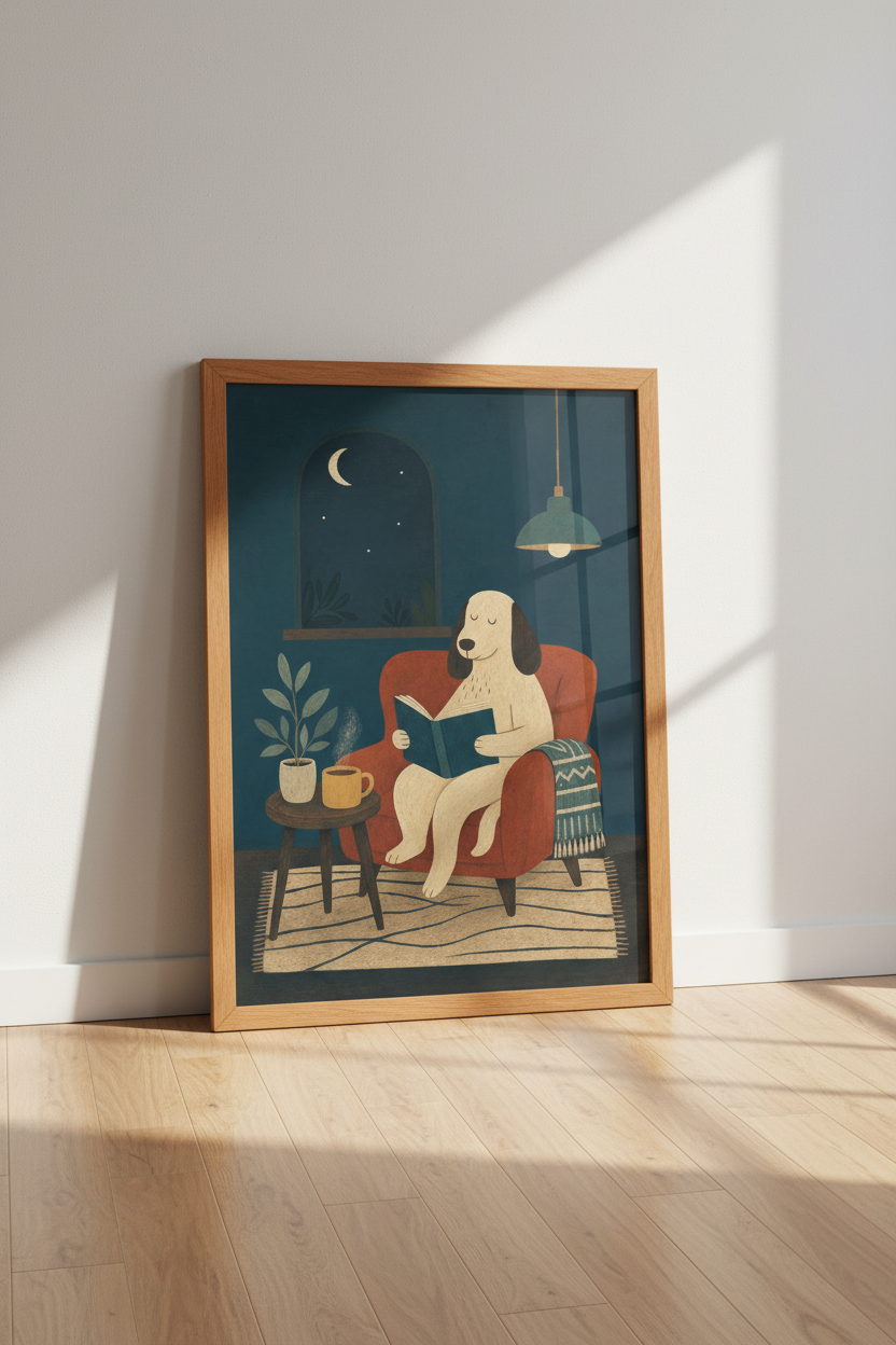 Cozy Reading Dog Wall Art Print | Moody Navy Home Decor | Whimsical Animal Poster