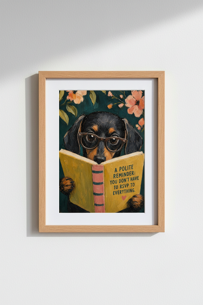 Dachshund Reading Wall Art Print | Funny Dog Poster for Office | Dark Academy Aesthetic