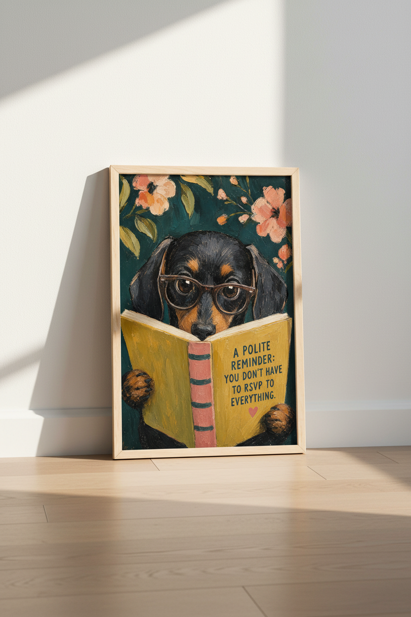 Dachshund Reading Wall Art Print | Funny Dog Poster for Office | Dark Academy Aesthetic