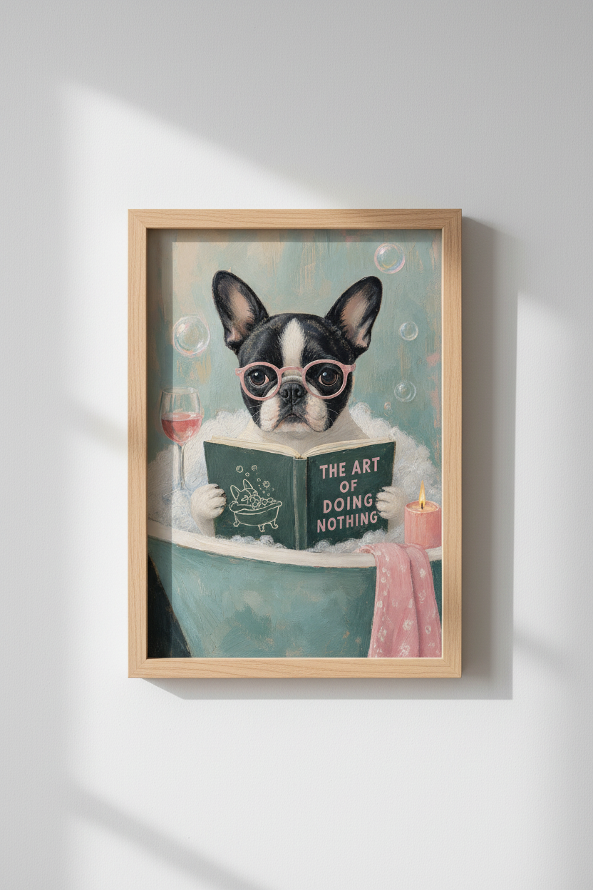Quirky Bathroom Wall Art | French Bulldog in Bathtub, Funny Dog Oil Painting Poster
