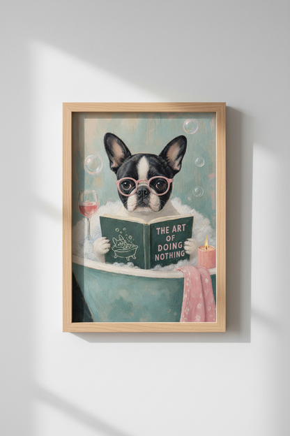 Quirky Bathroom Wall Art | French Bulldog in Bathtub, Funny Dog Oil Painting Poster