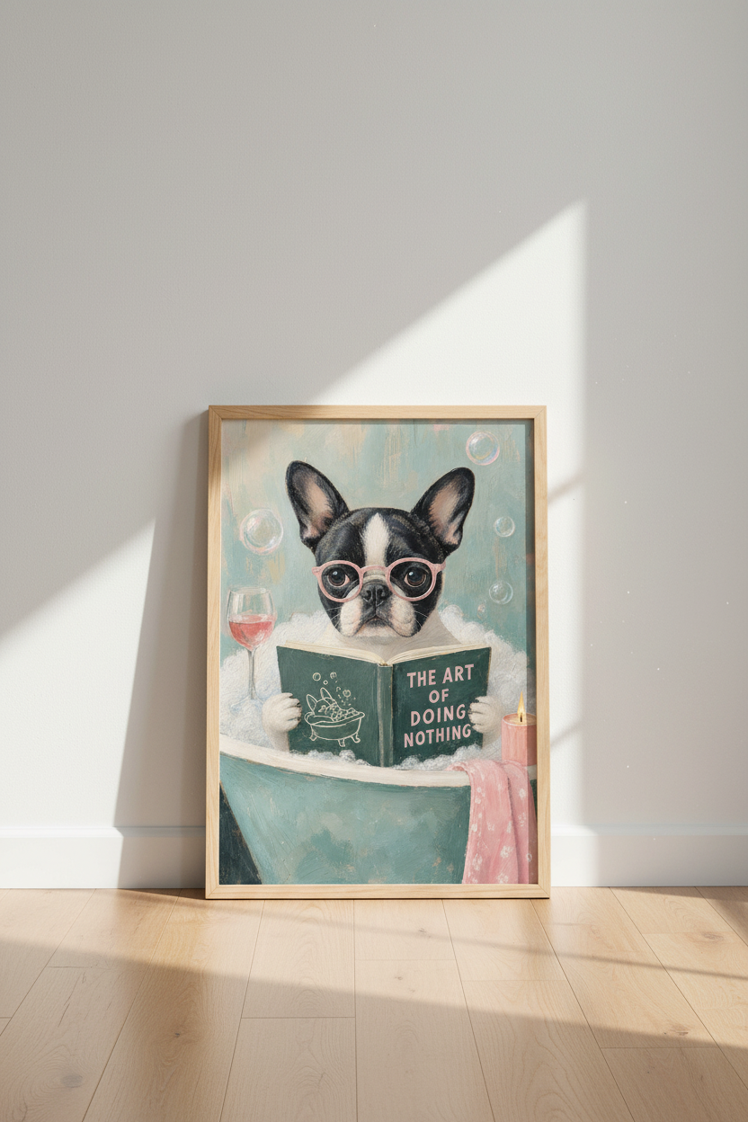 Quirky Bathroom Wall Art | French Bulldog in Bathtub, Funny Dog Oil Painting Poster