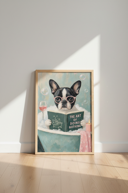 Quirky Bathroom Wall Art | French Bulldog in Bathtub, Funny Dog Oil Painting Poster