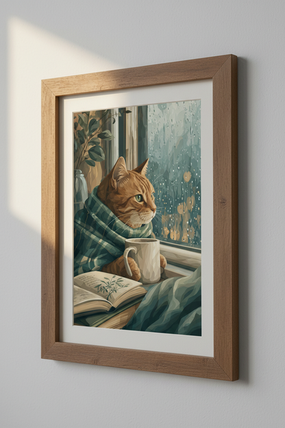 Cozy Ginger Cat by Rainy Window Art | Reading Nook Decor | Hygge Poster