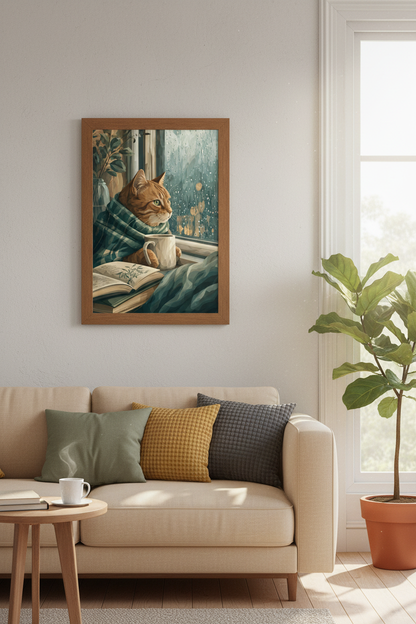 Cozy Ginger Cat by Rainy Window Art | Reading Nook Decor | Hygge Poster