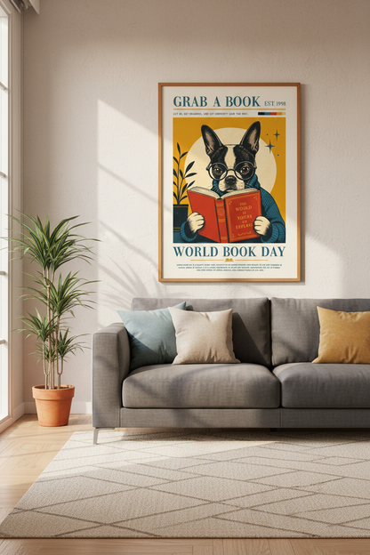 Boston Terrier Reading Book Print | Library Wall Art | Vintage Aesthetic Poster