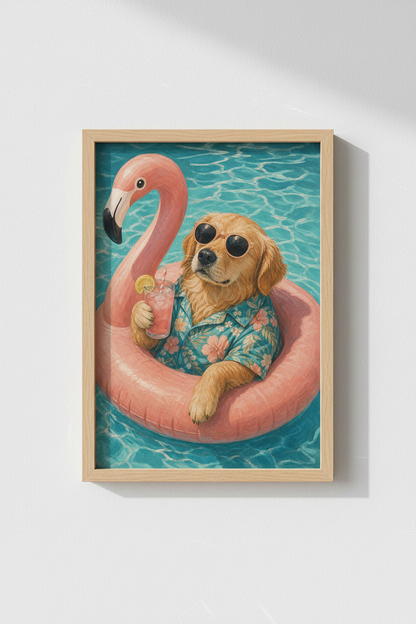 Funny Dog Pool Art | Golden Retriever Flamingo Poster, Tropical Summer Decor