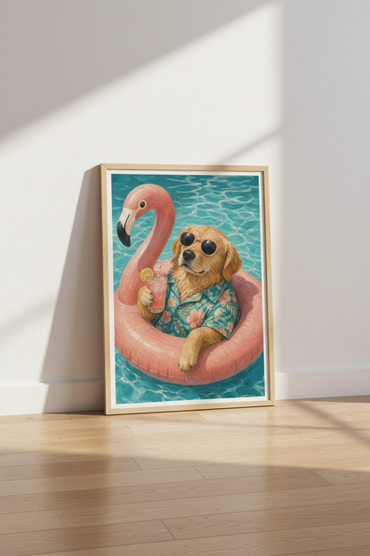 Funny Dog Pool Art | Golden Retriever Flamingo Poster, Tropical Summer Decor