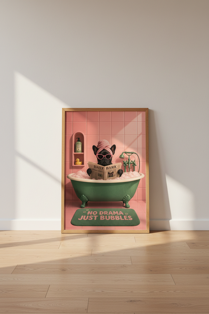 Frenchie in Bathtub Wall Art | Pink Bathroom Decor | Funny Dog Poster