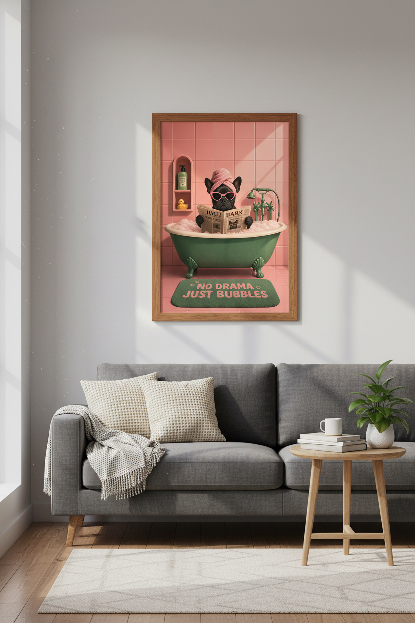 Frenchie in Bathtub Wall Art | Pink Bathroom Decor | Funny Dog Poster