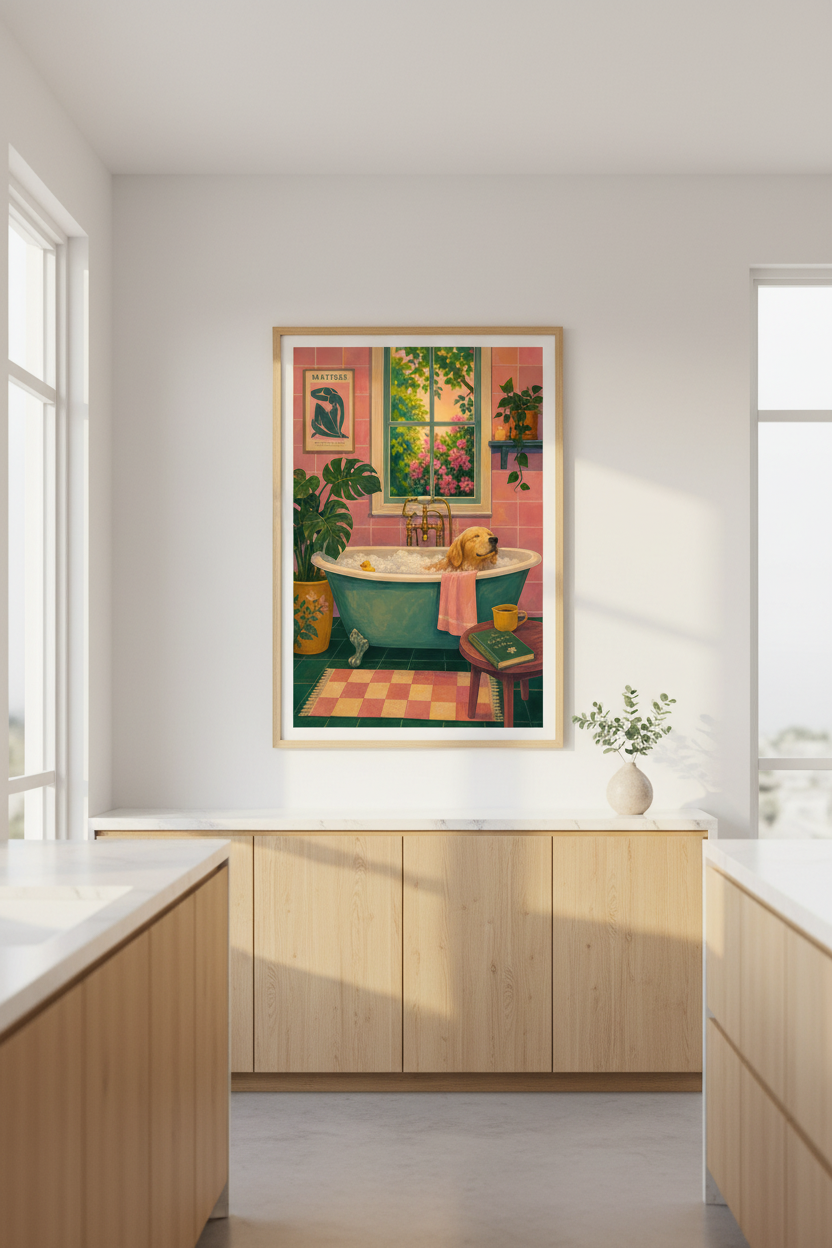 Maximalist Bathroom Print | Golden Retriever Dog Wall Art | Colorful Eclectic Poster