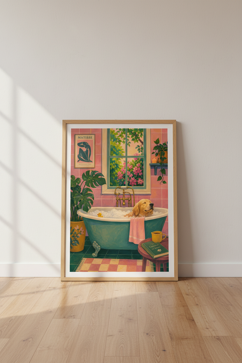 Maximalist Bathroom Print | Golden Retriever Dog Wall Art | Colorful Eclectic Poster