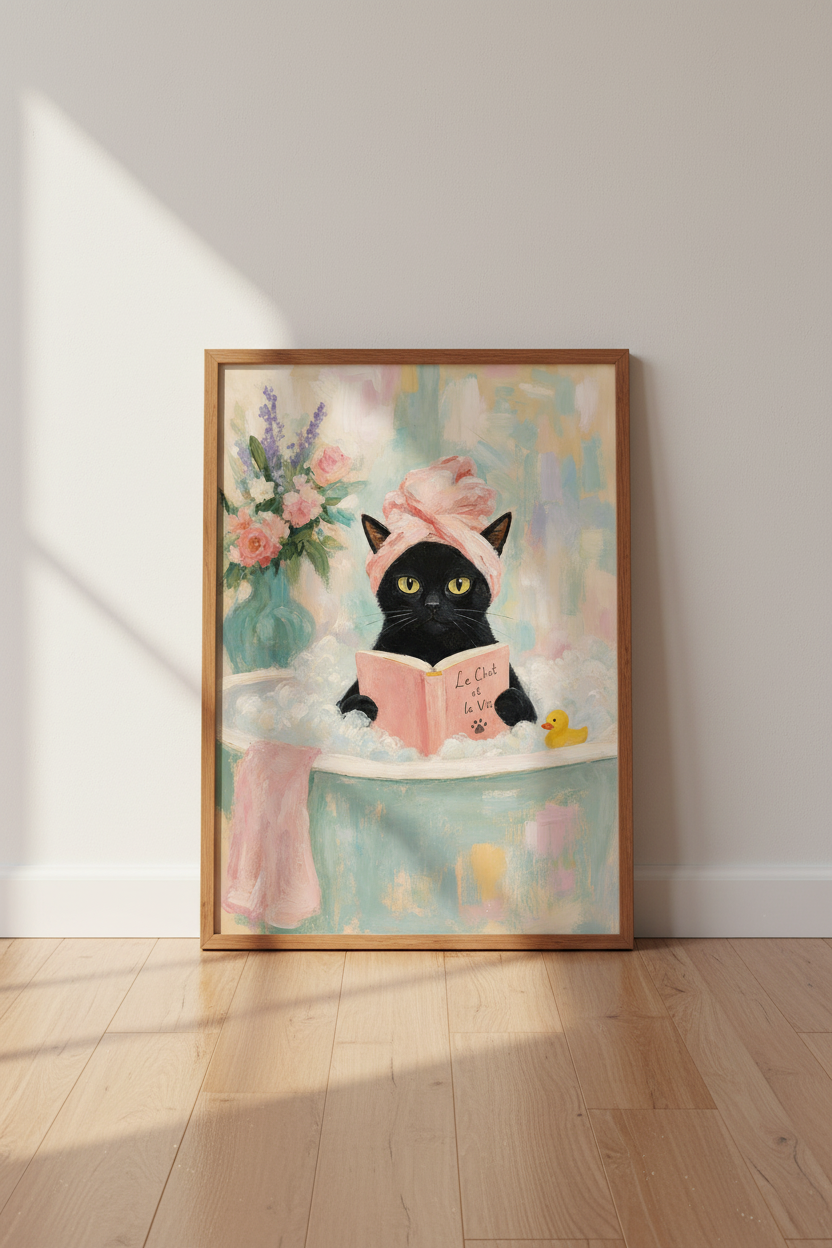 Black Cat Bathroom Wall Art | Pink Pastel Impressionist Poster, Quirky Spa Decor