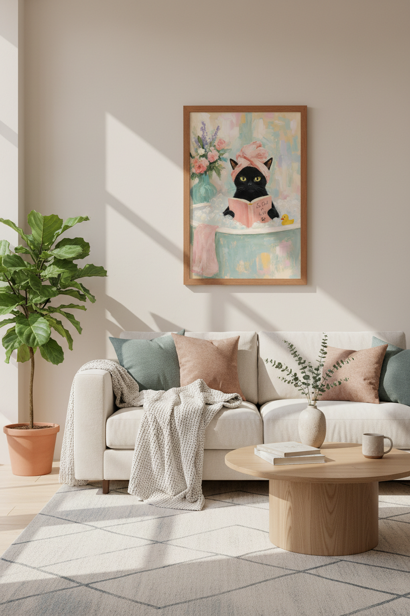 Black Cat Bathroom Wall Art | Pink Pastel Impressionist Poster, Quirky Spa Decor