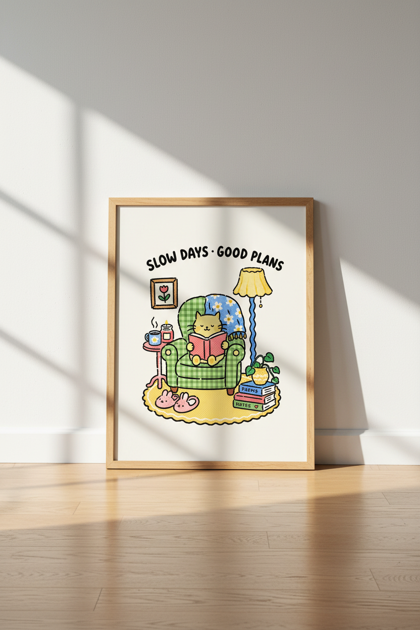 cozy cat wall art | Whimsical Pastels, Reading Nook Decor