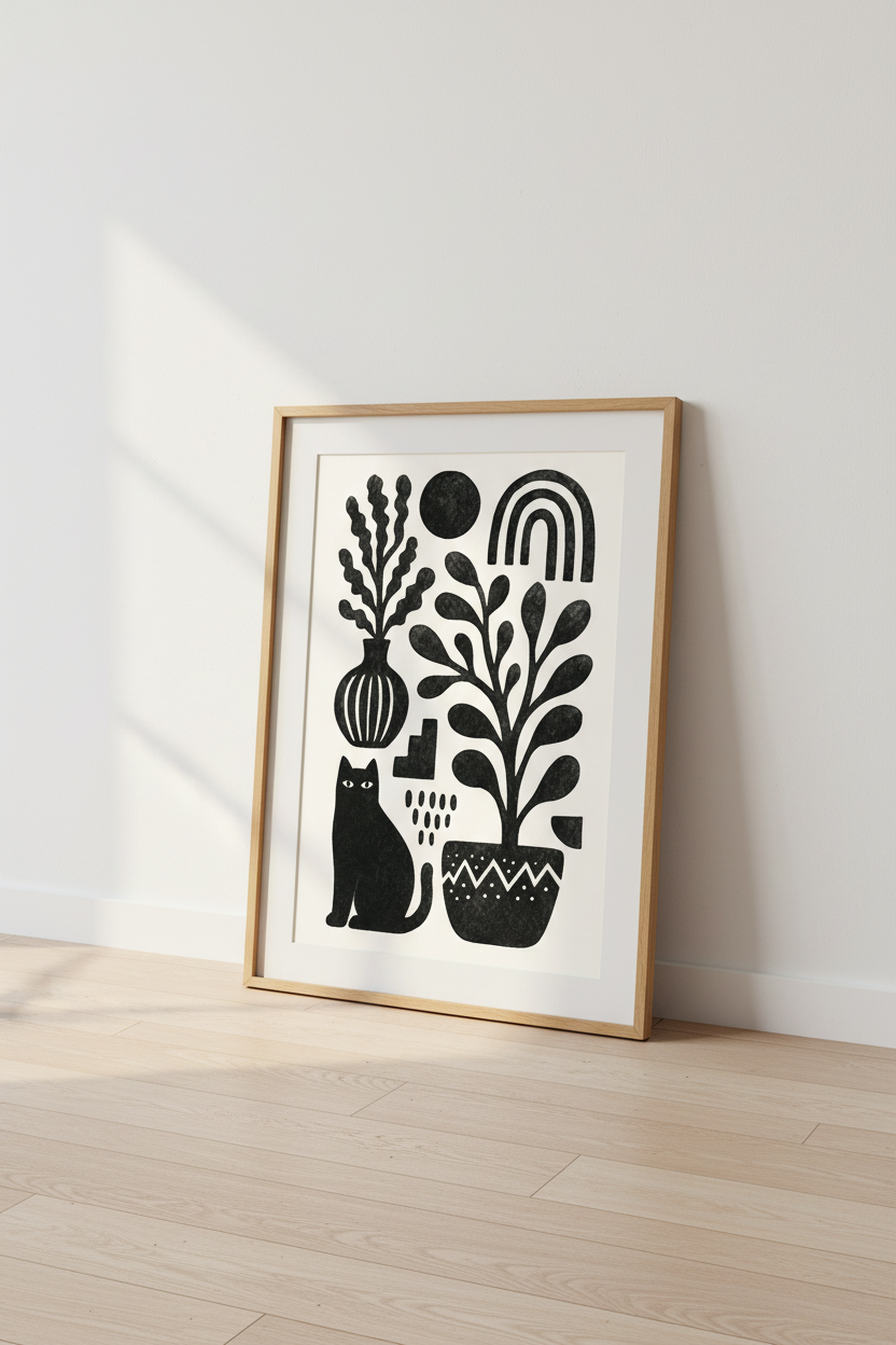 Black Cat &amp; Botanical Wall Art | Minimalist Boho Print, Living Room Decor