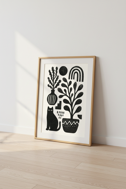 Black Cat &amp; Botanical Wall Art | Minimalist Boho Print, Living Room Decor