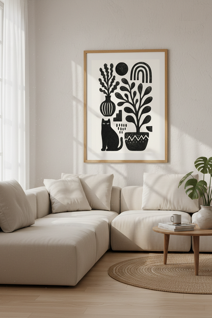 Black Cat &amp; Botanical Wall Art | Minimalist Boho Print, Living Room Decor