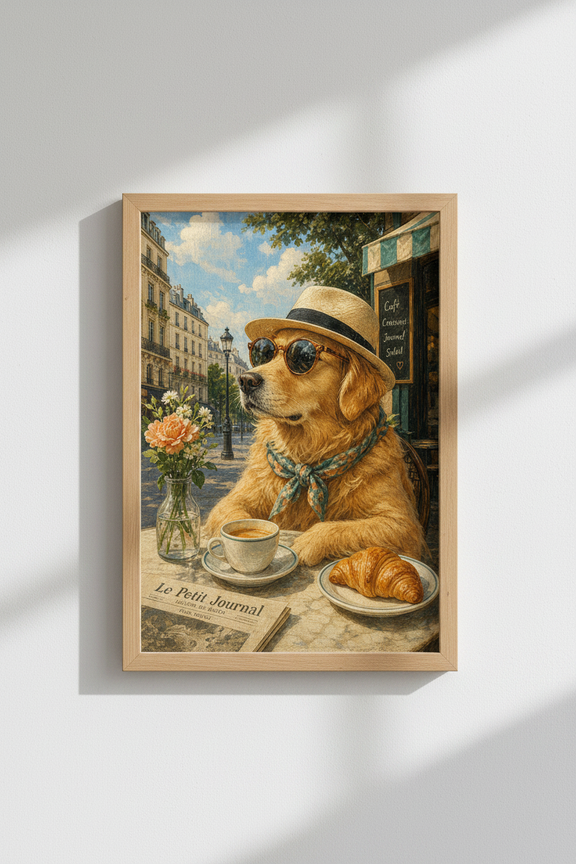 French Dog Wall Art | Golden Retriever Paris Cafe Poster, Whimsical Home Decor